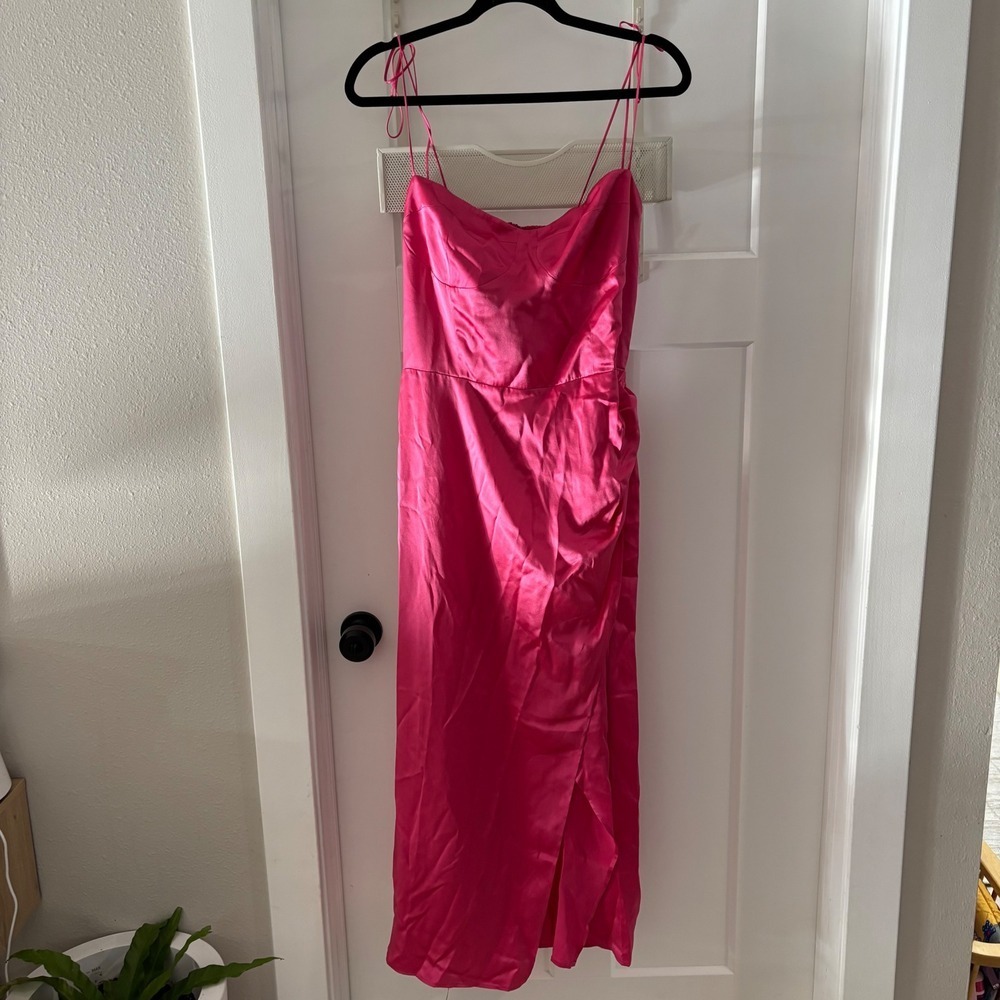 NWT Reformation Marguerite Silk Dress Flambe Pink Midi Ruched Slit Size 10 New